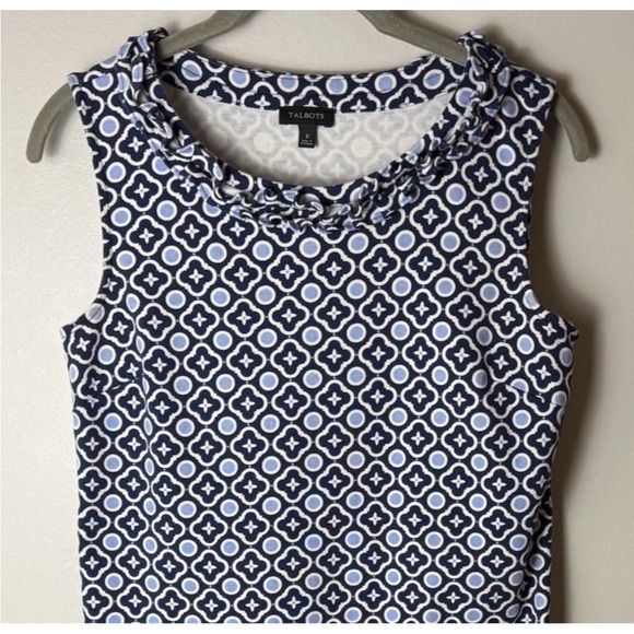 Talbots Navy Blue & White Sleeveless Sheath Dress Size Small Stretch Ruffle Neck - Picture 3 of 7